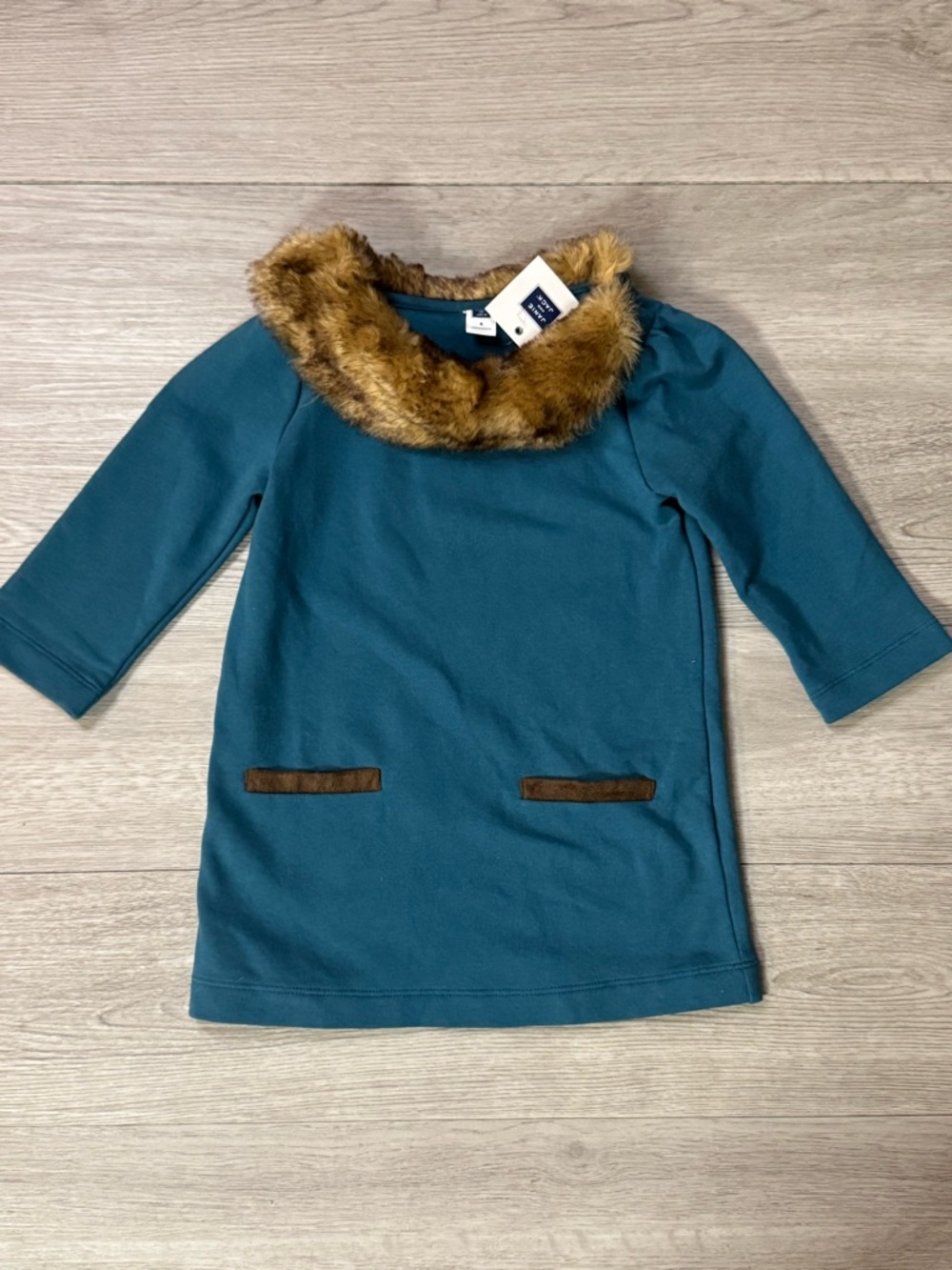 Janie and Jack Faux Fur Collar Tunic Dress Size 5 Little Girls Teal Green NWT.